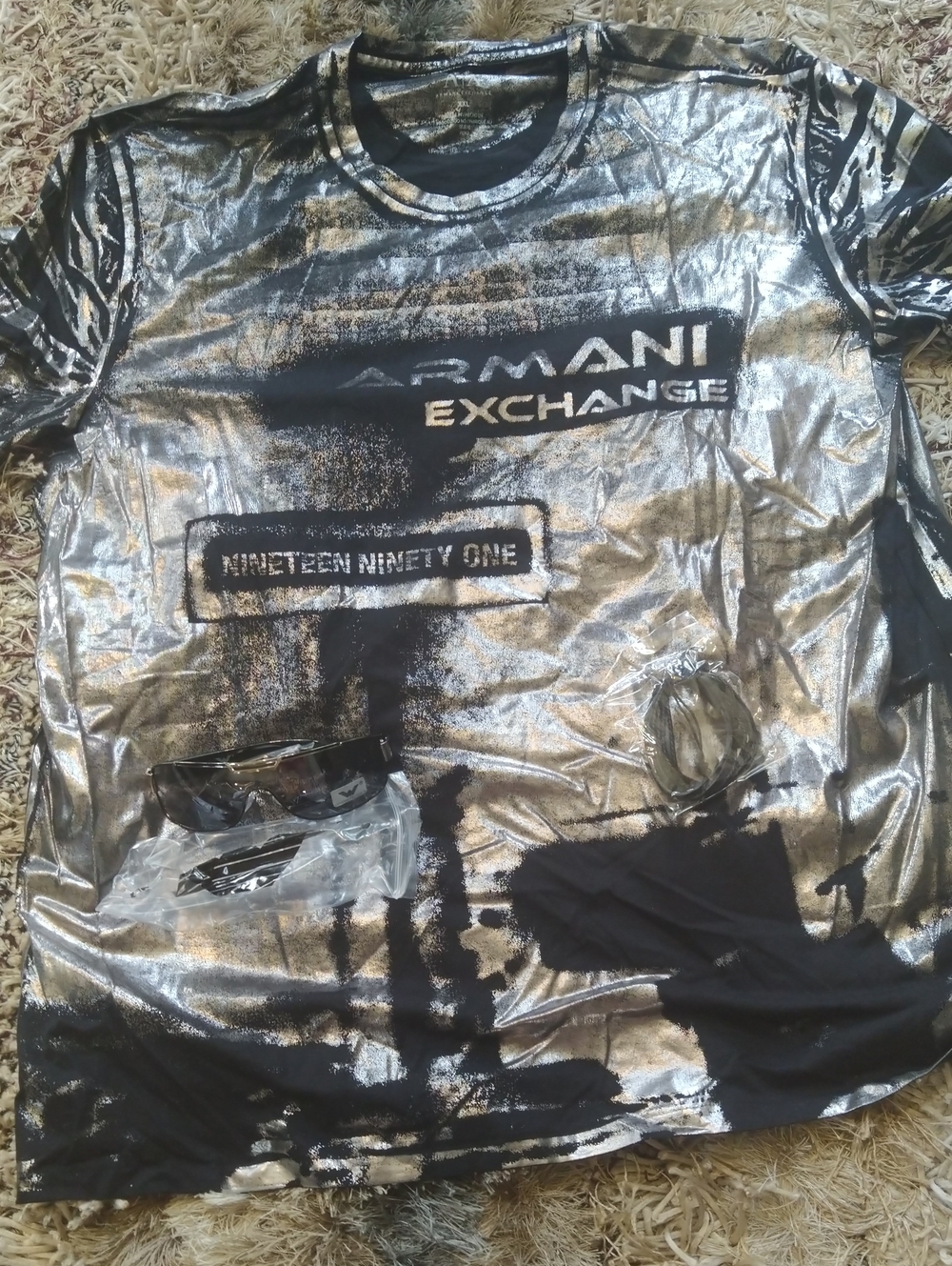 NEW A/X Armani Exchange Metallic Silver+Black 2 Side Graphic S.S. T-shirt+Bonus